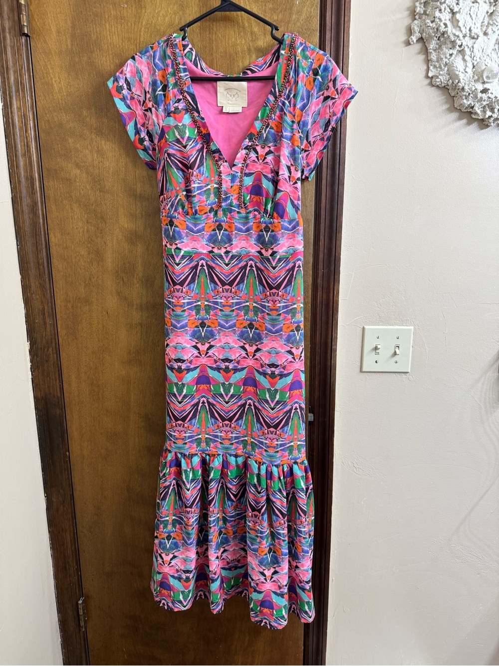 Pink Multicolor V-Neck Maxi Dress with Geometric Print
